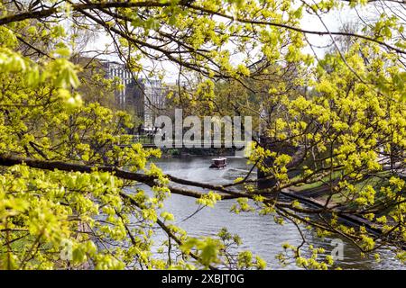 vue d'automne dans le parc avec un petit bateau dans le canal entre les branches d'arbres Banque D'Images