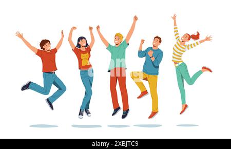 Un groupe de jeunes individus exubérants sautant dans les airs avec une joie et une énergie infectieuses. Leur sourire éclatant et leur tenue décontractée créent un guichet automatique sans soucis Illustration de Vecteur
