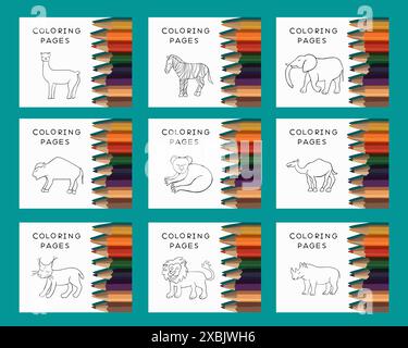 Illustration isolée vectorielle d'un ensemble de pages à colorier avec des animaux. Pages à colorier faciles pour les enfants. Illustration de Vecteur