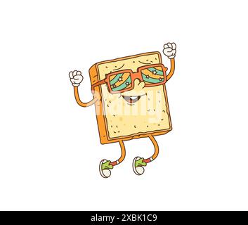 Dessin animé rétro groovy petit déjeuner pain grillé personnage. Tranche joyeuse de pain grillé vectoriel isolé avec un visage souriant, portant de grandes lunettes de soleil à motifs étoilés et des baskets sautant et incarnant des vibrations funky Illustration de Vecteur