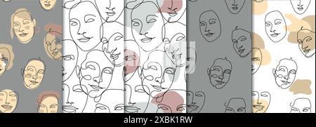 Ensemble de motifs sans couture avec dessins de visage féminin en ligne continue Illustration de Vecteur