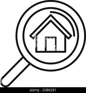 La loupe se concentre sur une icône de maison représentant la recherche immobilière Illustration de Vecteur