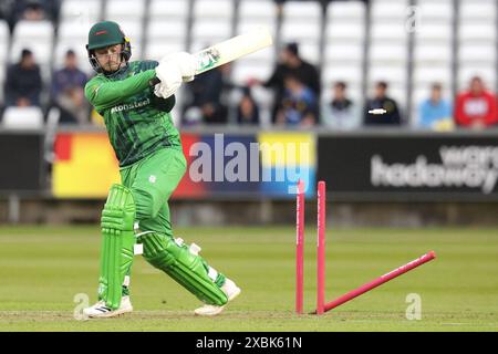 Ben Cox de Leicestershire Foxes est joué par Matty Potts de Durham lors du Vitality T20 Blast match entre Durham et Leicestershire Foxes au Seat unique Riverside, Chester le Street le mercredi 12 juin 2024. (Photo : Robert Smith | mi News) crédit : MI News & Sport /Alamy Live News Banque D'Images