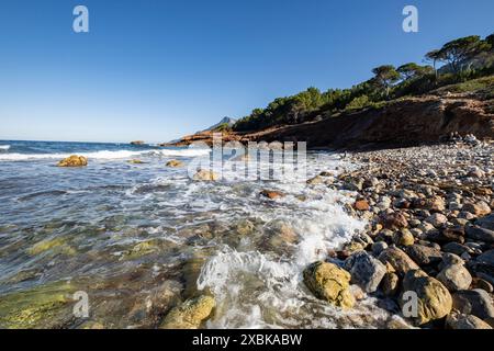 Plage de son Bunyola, randonnée dans Volta des General, Parc naturel de la Sierra de la Tramuntana, Banyalbufar, Majorque, Espagne Banque D'Images