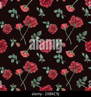 Rose écarlate sur tige avec des bourgeons. Modèle sans couture de roses rouges profondes. Fleurs de rubis d'été. Plantes en fleurs. Illustration aquarelle isolée sur noir Banque D'Images