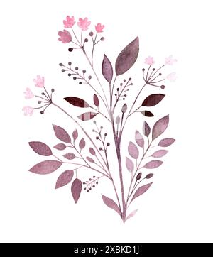 Brindille avec des fleurs et des feuilles dessinées à l'aquarelle, illustration botanique stylisée sur un fond blanc pour l'impression de motifs, textiles, invitations, s. Banque D'Images