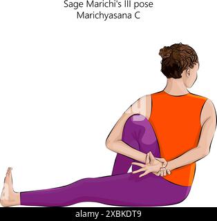 Jeune femme pratiquant la pose de yoga Marichyasana C. Pose de Sage Marichi III. Difficulté intermédiaire. Illustration vectorielle isolée. Illustration de Vecteur