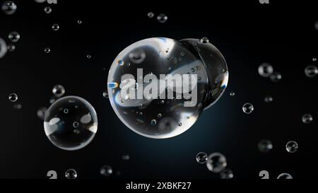 Macro de trois gouttes de liquide transparent fusionner en un avec des bulles à l'intérieur sur fond noir. Gouttelettes de sérum de soin de la peau s'unissant en une seule. Cosmétiques Banque D'Images