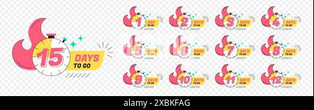 Nombre de jours restants du compte à rebours d'urgence. Autocollant jours limités pour aller isolé sur fond transparent. Badges de dernière offre pour la promotion, le gros rabais ou la vente finale chaude. Vector Set numéros 1 à 12. Illustration de Vecteur
