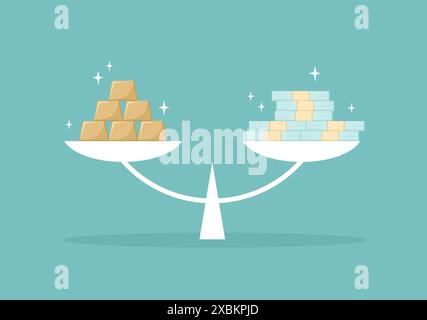 Lingots d'or et tampons d'argent sur des balances sur un fond vert. Illustration vectorielle plate Illustration de Vecteur