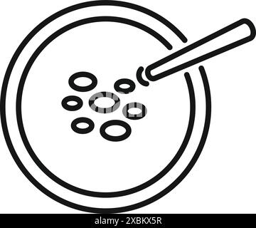 Icône de ligne d'une boîte de Pétri avec un compte-gouttes ajoutant du liquide, représentant une analyse scientifique et des expériences de laboratoire Illustration de Vecteur