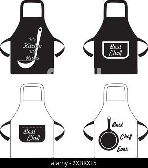 Tabliers noirs et blancs avec textes de chef et ustensiles de cuisine dessine sur un fond blanc Illustration de Vecteur