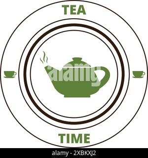 Bannière ronde de temps de thé marron et vert sur fond blanc Illustration de Vecteur