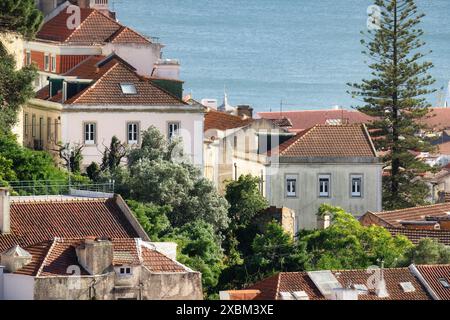 Vue aérienne des maisons pittoresques et des toits du quartier de la vieille ville d'Alfam en face du Tage à lisbonne Banque D'Images