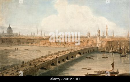 Gravure colorée d'une vue du London Bridge et de la cathédrale St Pauls de Londres en 1804 par William Daniell horizon du XIXe siècle et perspective historique du paysage urbain gravant aquarelle une ancienne estampe antique de l'époque géorgienne Banque D'Images