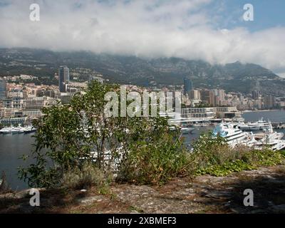 Une vue sur un port avec de nombreux yachts et bateaux, entouré de montagnes et une ville sous un ciel nuageux, monte carlo, monaco, france Banque D'Images