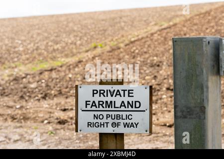 Panneau sur les terres agricoles indiquant les terres agricoles privées et aucun droit de passage public, Hampshire, Angleterre. Concept : emprise publique, terrain privé, propriété privée Banque D'Images