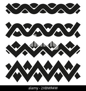 Bordures de répétition géométrique. Quatre motifs noirs. Eléments vectoriels abstraits. Formes décoratives modernes. Illustration de Vecteur