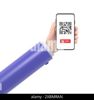 3d dessin animé rend les mains féminines smartphone et utilise le service d'application mobile avec la conception de bannière de code QR de balayage. Technologie et concept d'entreprise.rendu 3D. Banque D'Images