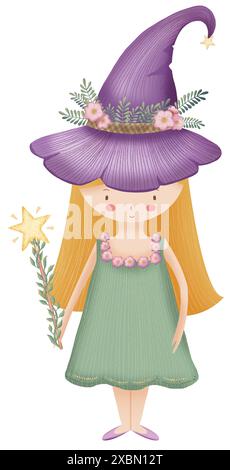 Mignonne petite fille dans un chapeau de sorcière et baguette magique, affiches magiques pour enfants, invitation à la fête, carte de voeux mignonne Banque D'Images