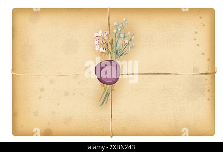 Enveloppe avec un sceau de cire, accompagné de fleurs séchées et d'herbes Banque D'Images