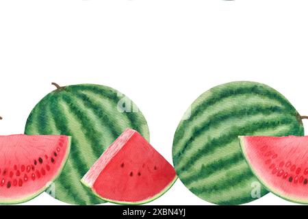 Pastèque entière avec des tranches juteuses avec quelques graines de bordure sans couture. Aquarelle isolée sur blanc, dessinée à la main pour la conception alimentaire. Paquets, jus Banque D'Images