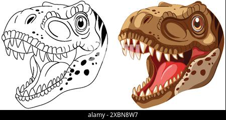 Tête de dinosaure détaillée en couleur et contour Illustration de Vecteur