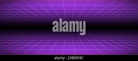 Arrière-plan filaire au néon brillant. Plans de grille en damier violets en perspective. Fond d'écran horizon rétro futuriste lumineux. Surface matricielle de jeu d'arcade. Toile de fond vectorielle pour affiche, bannière Illustration de Vecteur