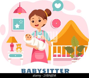 Baby-sitter ou Nanny services illustration vectorielle pour prendre soin des bébés, pourvoir à leurs besoins et jouer avec bébé dans un fond de dessin animé plat Illustration de Vecteur