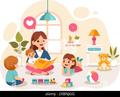 Baby-sitter ou Nanny services illustration vectorielle pour prendre soin des bébés, pourvoir à leurs besoins et jouer avec bébé dans un fond de dessin animé plat Illustration de Vecteur