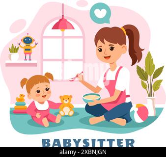 Baby-sitter ou Nanny services illustration vectorielle pour prendre soin des bébés, pourvoir à leurs besoins et jouer avec bébé dans un fond de dessin animé plat Illustration de Vecteur