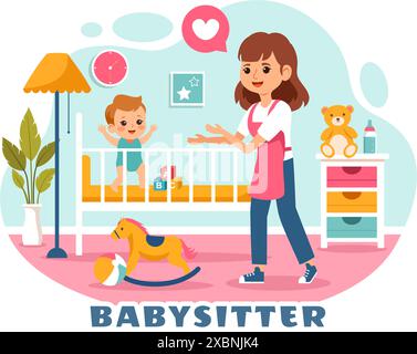 Baby-sitter ou Nanny services illustration vectorielle pour prendre soin des bébés, pourvoir à leurs besoins et jouer avec bébé dans un fond de dessin animé plat Illustration de Vecteur