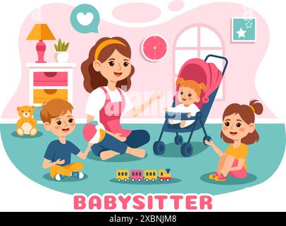 Baby-sitter ou Nanny services illustration vectorielle pour prendre soin des bébés, pourvoir à leurs besoins et jouer avec bébé dans un fond de dessin animé plat Illustration de Vecteur