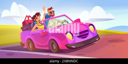 Couple conduisent une voiture cabriolet sur la route d'été. Cabrio rose pour voyage de fantaisie et les gens heureux jouissent de la liberté en vacances. Aventure de lune de miel pour jeune fille et homme avec transport décapotable cool Illustration de Vecteur