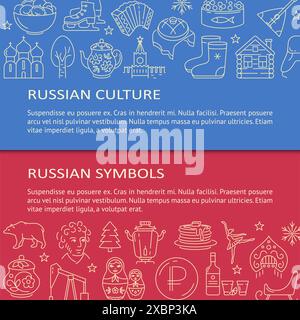 Modèle d'affiche avec des symboles nationaux russes et place pour le texte. Cuisine et culture russes. Illustration vectorielle. Illustration de Vecteur