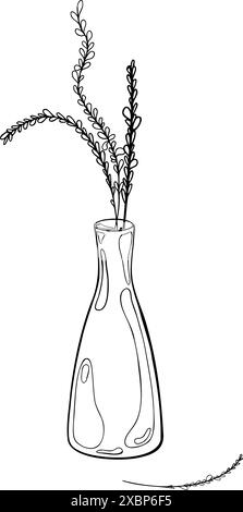 Col étroit de vase haut avec illustration graphique vectorielle de plantes isolé. Pichet en céramique formes minces en ligne noire blanche dessinée à la main. Encre haut contour de vase Illustration de Vecteur