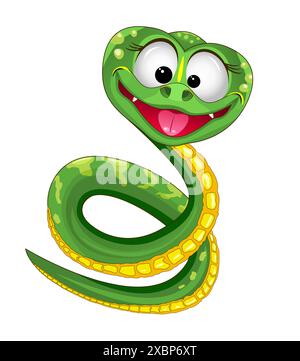 Serpent vert souriant de dessin animé sur un fond blanc. Illustration de Vecteur