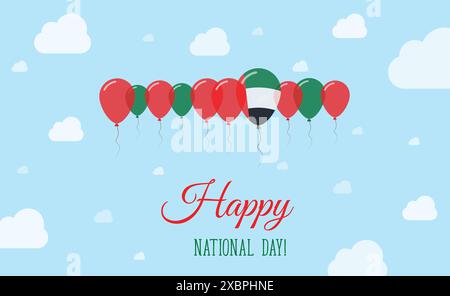 Affiche patriotique scintillante du jour de l'indépendance des Émirats arabes Unis. Rangée de ballons aux couleurs du drapeau émirien. Carte de voeux avec drapeaux nationaux, BL Illustration de Vecteur
