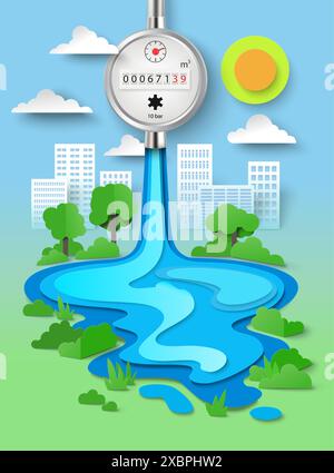 Affiche d'économie d'eau avec paysage urbain de papier découpé et mètre de jauge Illustration de Vecteur
