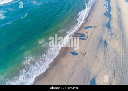 groupe de surfeurs sur le rivage d'une plage à l'aube vu d'un drone Banque D'Images