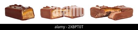 Ensemble de barre de chocolat cassée avec du caramel étirable, isolé sur un fond blanc Banque D'Images
