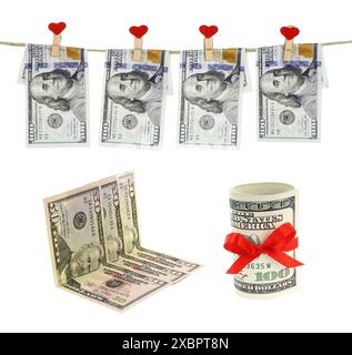 Ensemble de concepts d'argent avec des billets de banque en dollars américains suspendus sur une corde attachée avec des épingles de vêtements d'amour, isolé sur un fond transparent Banque D'Images