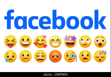 Kiev, Ukraine - 21 février 2024 : ensemble de sourires Facebook et réactions empathiques Emoji, concept de réactions sur les médias sociaux, imprimé sur papier Banque D'Images