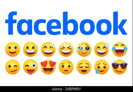 Kiev, Ukraine - 21 février 2024 : ensemble de sourires Facebook et réactions empathiques Emoji, concept de réactions sur les médias sociaux, imprimé sur papier. Banque D'Images