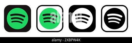 Kiev, Ukraine - 05 février 2024 : ensemble d'icônes de l'application mobile Spotify, imprimé sur papier. Spotify est un fournisseur de streaming audio et de services multimédias Banque D'Images
