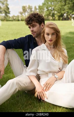 Un jeune couple habillé élégamment s'assoit sur l'herbe verte luxuriante, incarnant le style vieil argent et un style de vie luxueux. Banque D'Images