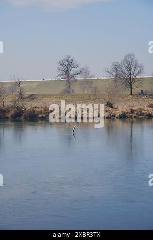 Étang pittoresque dans la ville européenne de Goczalkowice dans le district de Silésie en Pologne, ciel bleu clair en 2022 chaude journée d'hiver ensoleillée le mars - verticale Banque D'Images