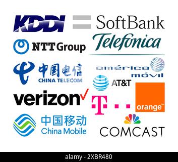 Kiyv, Ukraine - 26 novembre 2021 : collection de logos des plus grandes entreprises de télécommunications mondiales, telles que : China Telecom, AT et T, Verizon, Tele Illustration de Vecteur