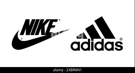 Kiev, Ukraine - 10 juin 2022 : Collection de logos populaires de chaussures de sport de fabricants : Nike et Adidas, sur fond blanc, illustration vectorielle Illustration de Vecteur