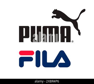 Kiev, Ukraine - 10 juin 2022 : Collection de fabricants populaires de vêtements de sport : Puma et Fila, sur fond blanc, illustration vectorielle Illustration de Vecteur